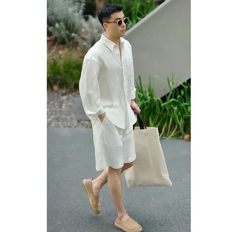 Mens Fashion Suits - Summer Casual Set Lyocell Linen Shirt