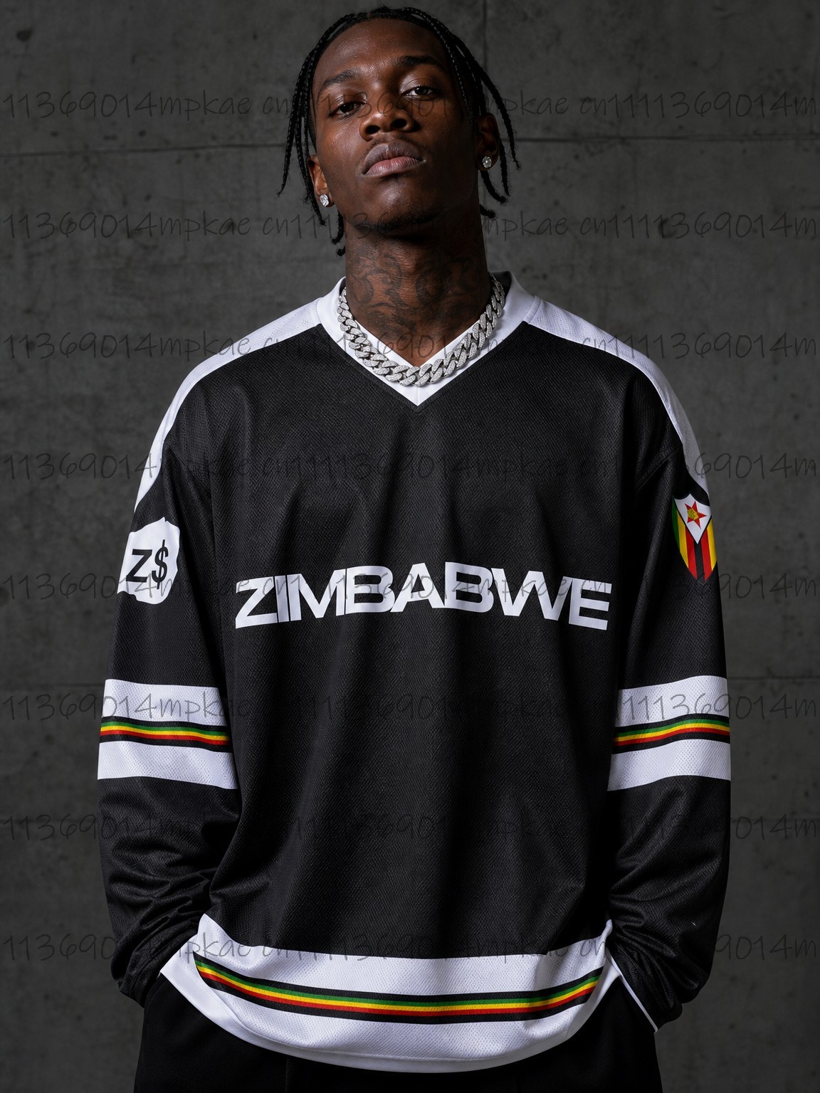 Mens Fashion Trend - Men's Zimbabwe Printed V-Neck Long-Sleeve T-Shirt,